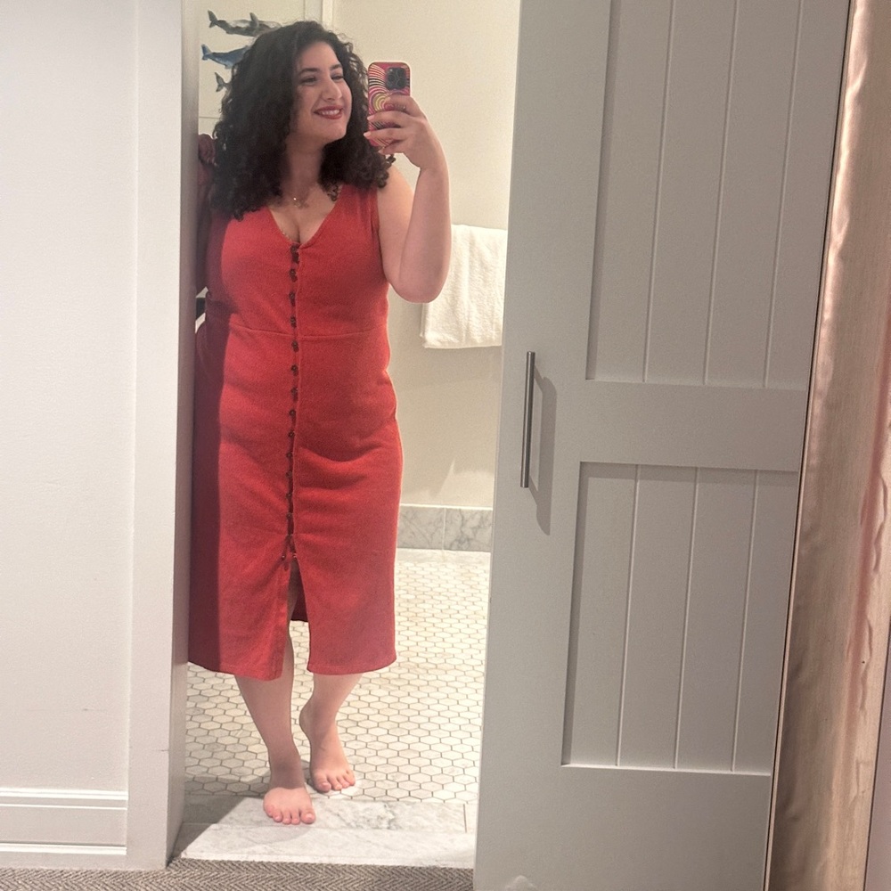 Madewell Rust Button-Front Ribbed Midi Dress